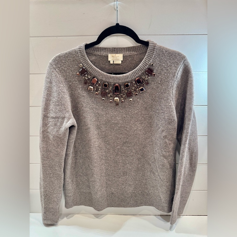 Kate Spade Brown Wool Jewel Embellished Neck Line Sweater, Size Small